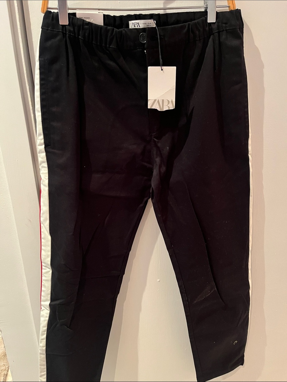 Zara Black Chinos with White Side Stripe and Red Trim